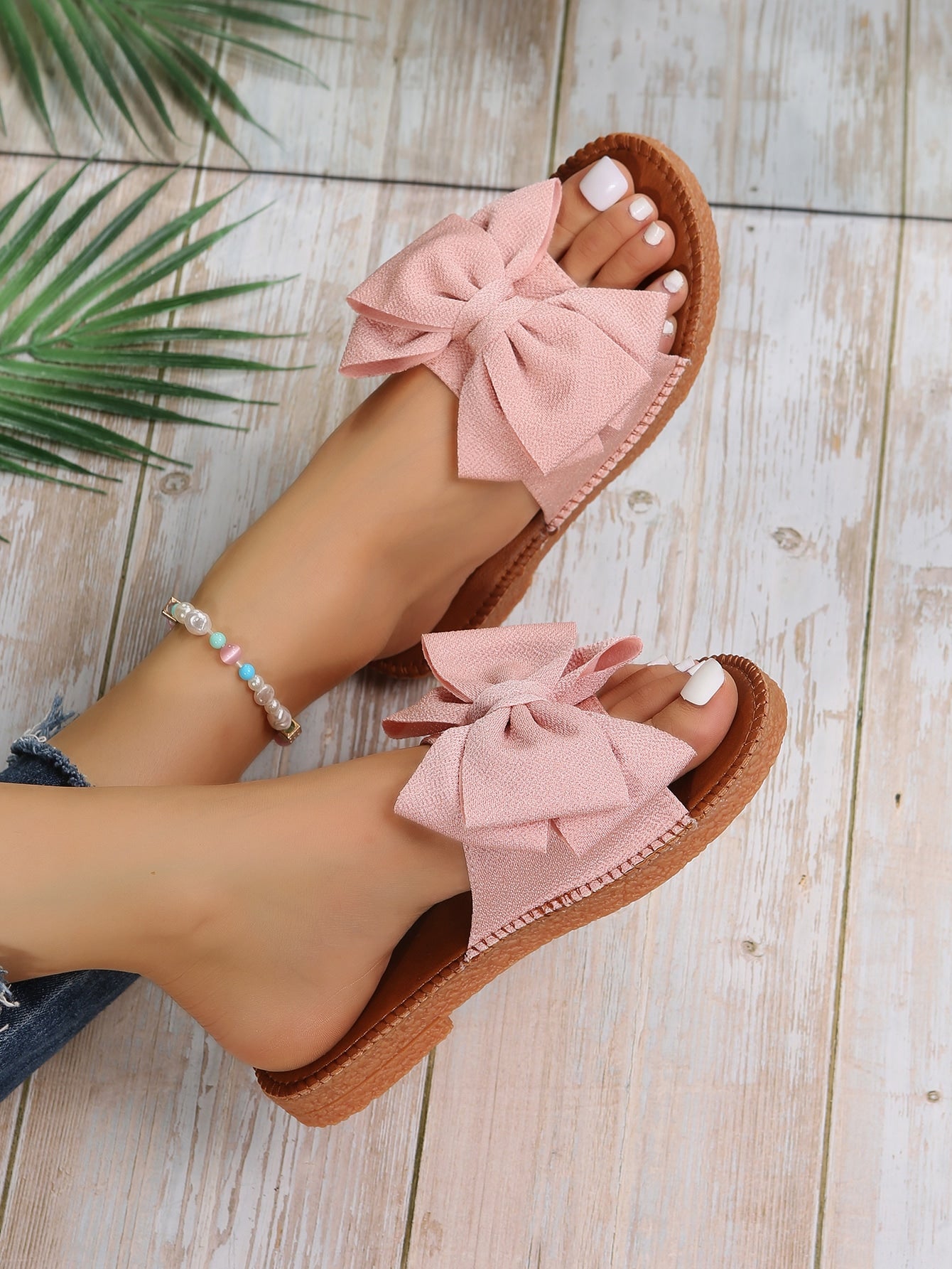 Preppy Slide Sandals For Women, Bow Decor Single Band Flat Sandals