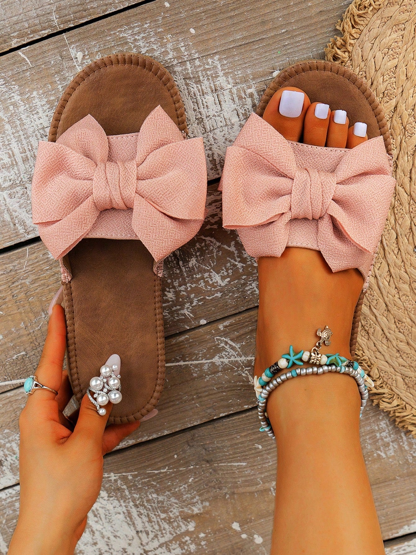 Preppy Slide Sandals For Women, Bow Decor Single Band Flat Sandals
