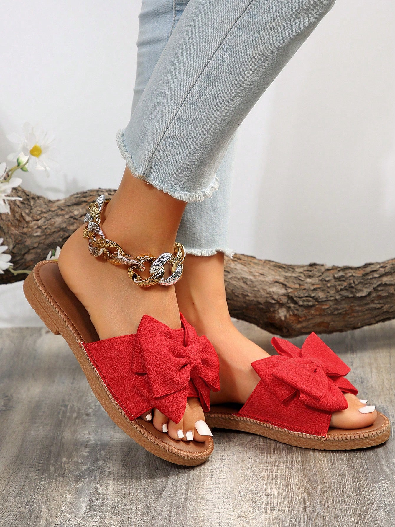 Preppy Slide Sandals For Women, Bow Decor Single Band Flat Sandals