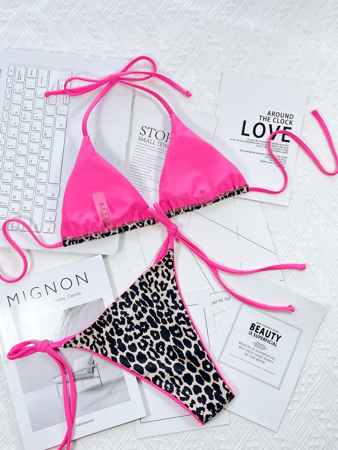 Leopard Contrast Binding Micro Triangle Bikini Swimsuit