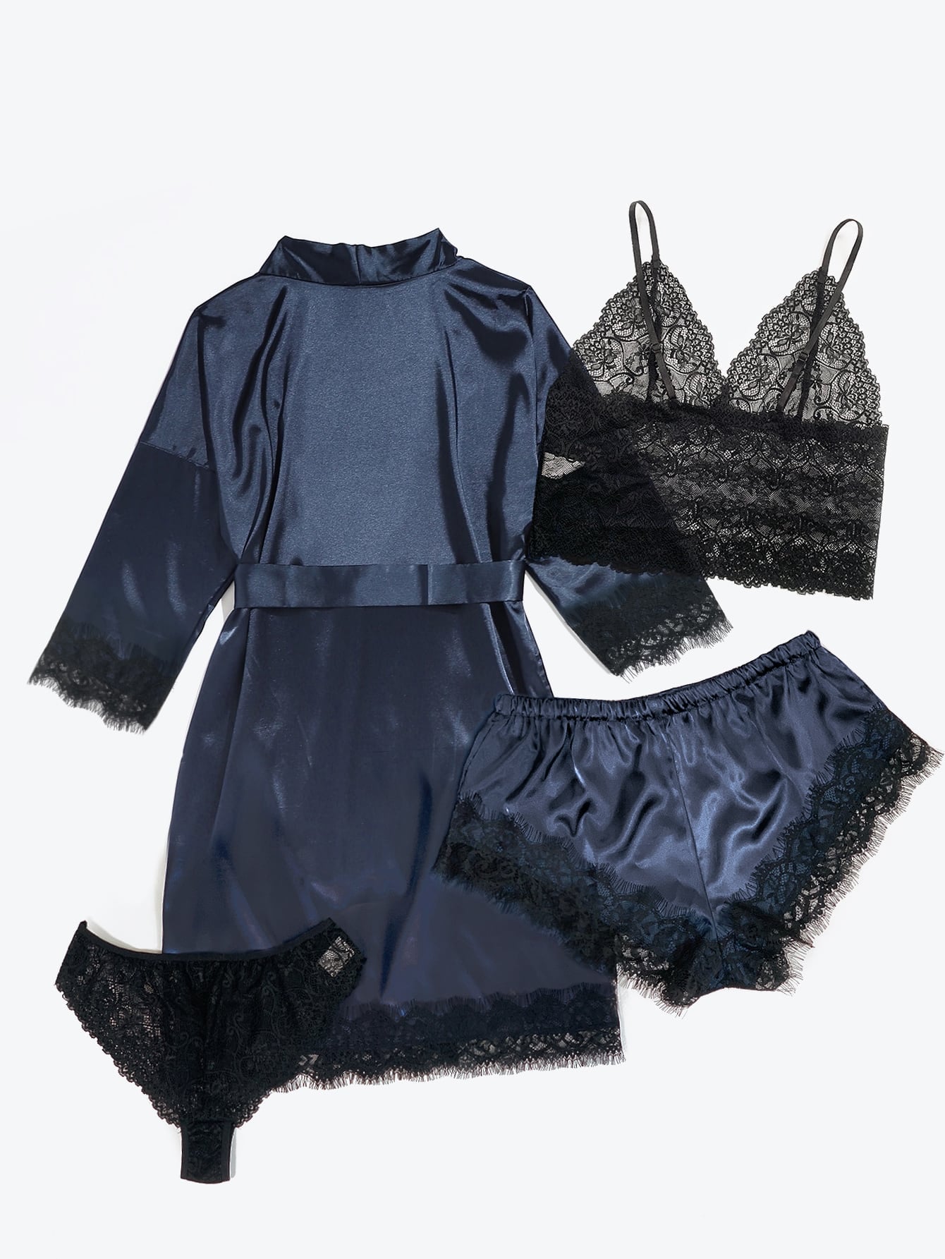 4pack Floral Lace Lingerie Set With Satin Belted Robe
