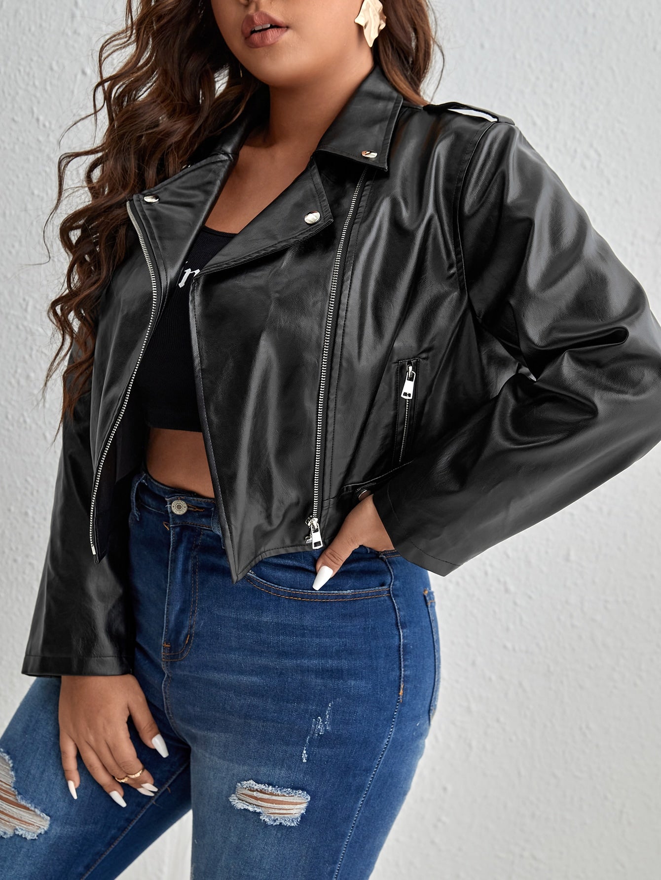 Essnce Plus Zip Up PU Leather Moto Jacket
