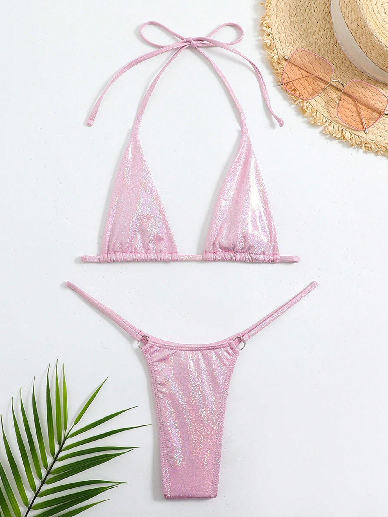 Swim SXY Metallic Bikini Set Micro Triangle Bra & O-ring Linked Thong 2 Piece Swimsuit