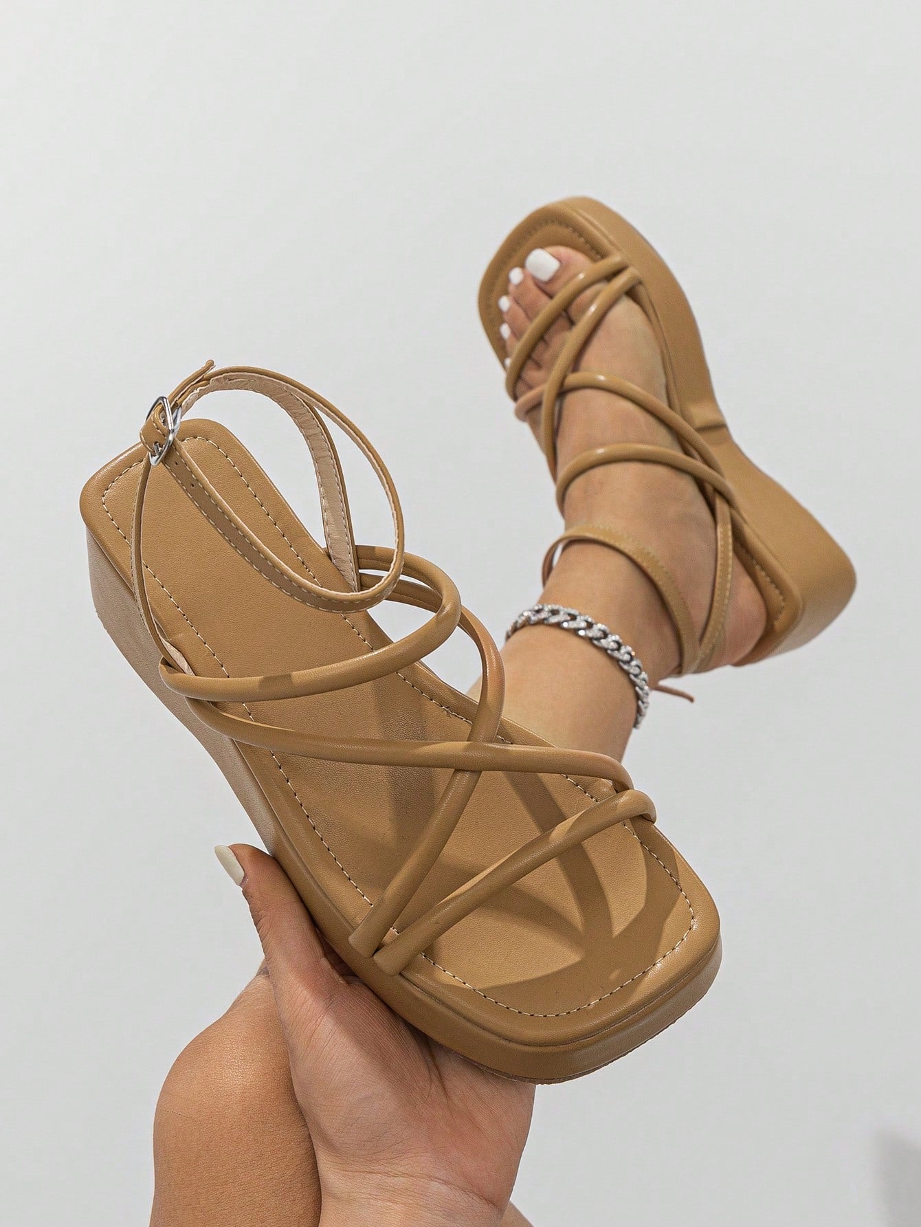 Elegant White Sandals For Women, Minimalist Ankle Strap Flatform Sandals
