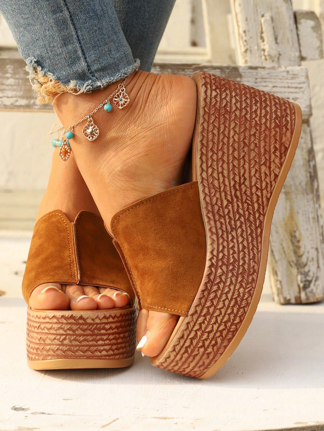 Fahionable Bow Decor Floral Pattern Bow Decor Ankle Strap Wedge Sandals