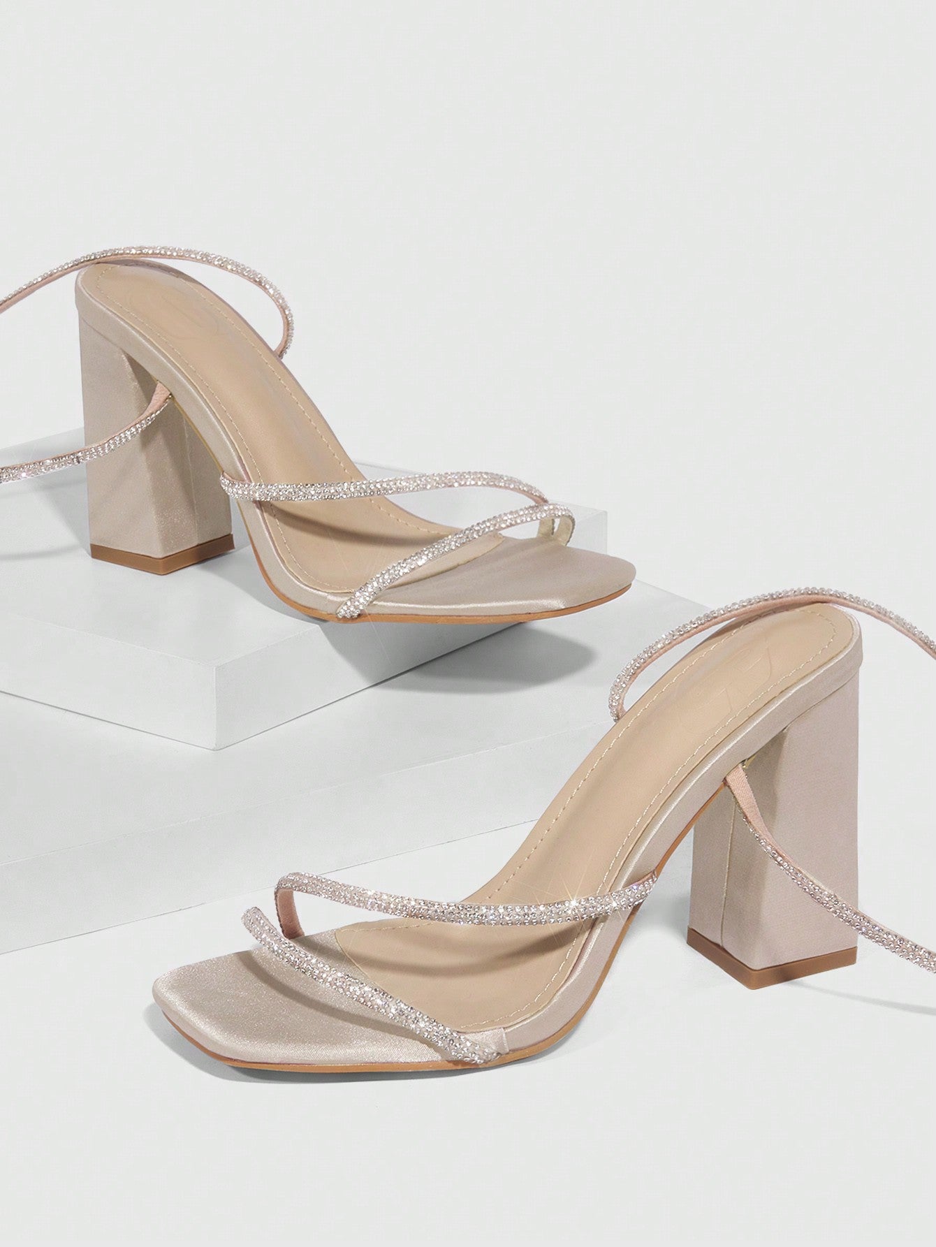 Party Collection Women Rhinestone Decor Chunky Heeled Sandals, Glamorous Glass Strappy Sandals