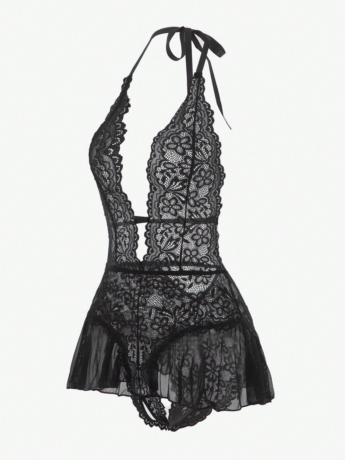 Floral Lace Scallop Trim Halter Teddy Bodysuit