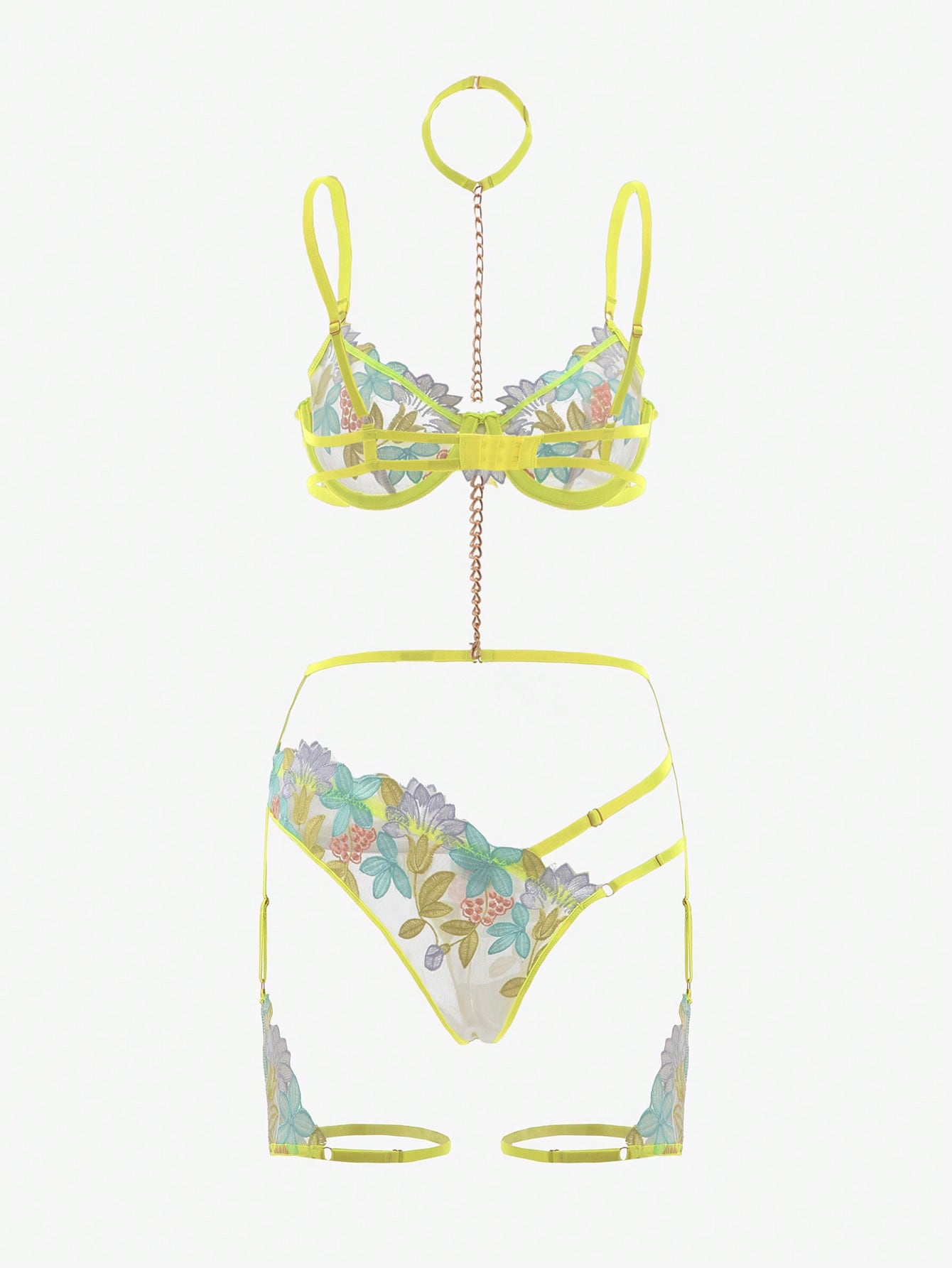 Floral Embroidery Mesh Underwire Garter Lingerie Set