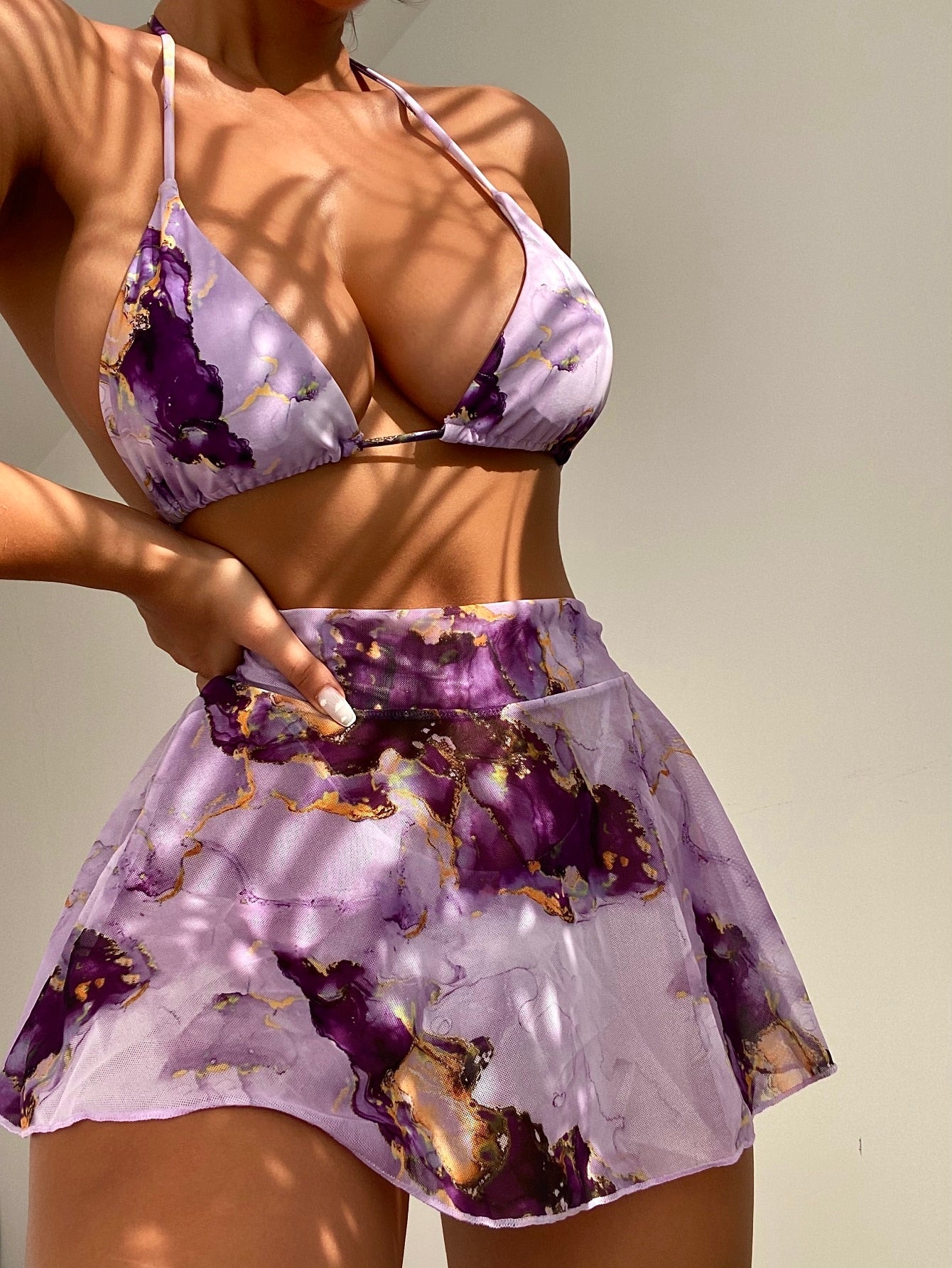 Swim Vcay Marble Print Bikini Set Halter Micro Triangle Bra Top & Thong & Cover Up Skirt 3 Piece Bathing Suit