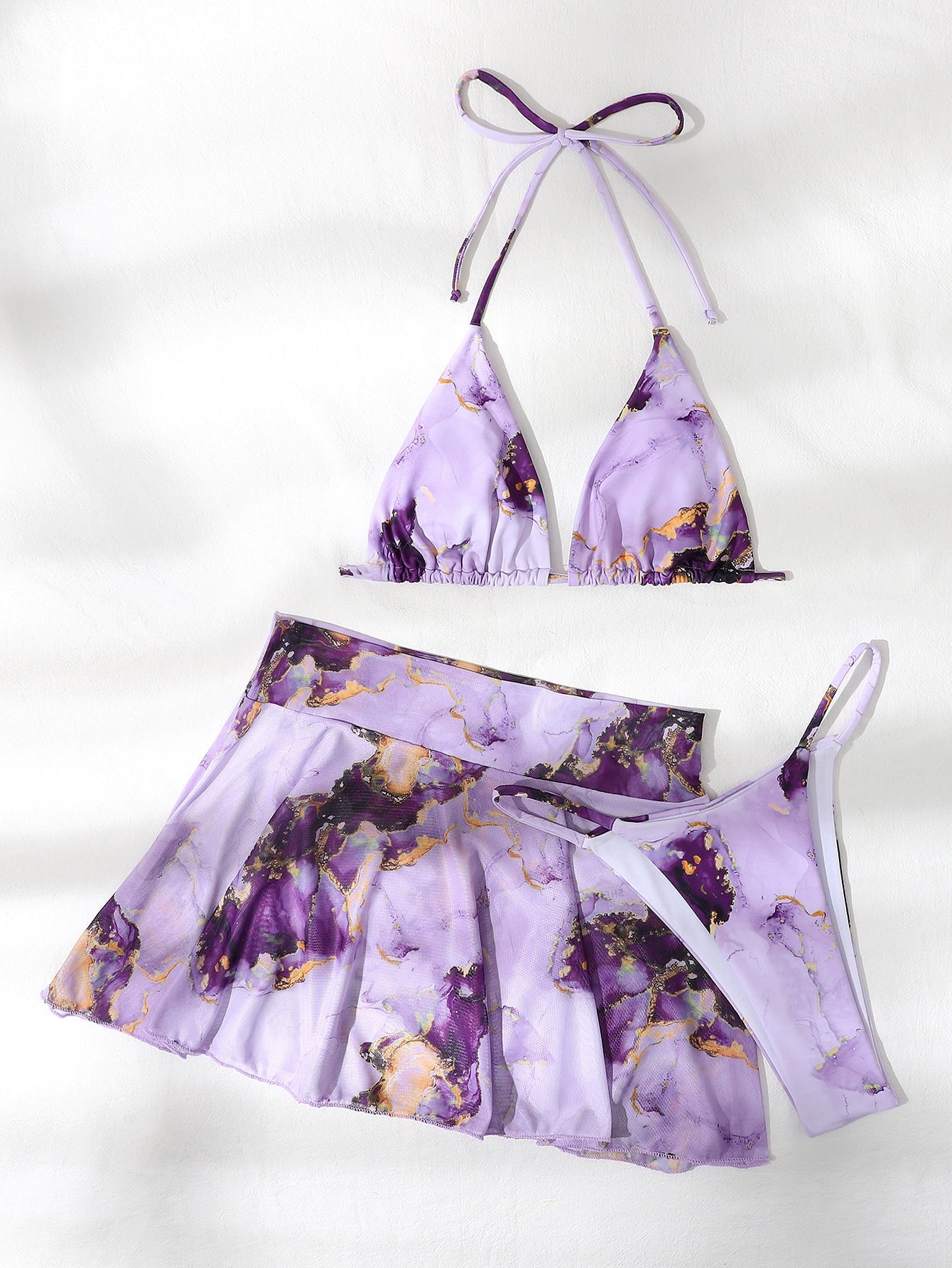 Swim Vcay Marble Print Bikini Set Halter Micro Triangle Bra Top & Thong & Cover Up Skirt 3 Piece Bathing Suit